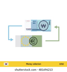 Currency exchange, money exchange. South Korean Won banknote. 