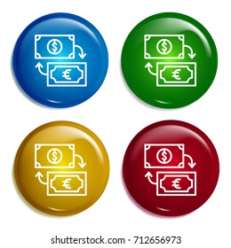 Currency exchange multi color gradient glossy badge icon set. Realistic shiny badge icon or logo mockup