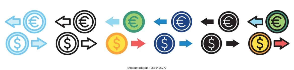 Currency Exchange multi style, mini illustration icon. outline, flat, glyph, dual tone, line color, UI, UX kit, app and web development, digital or print. For finance, business, economy.