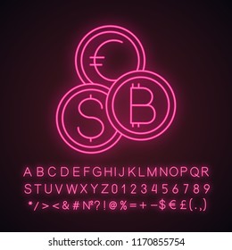 Currency exchange neon light icon. Cryptocurrency. Bitcoin, US dollar and euro exchange. Blockchain. Glowing sign with alphabet, numbers and symbols. Vector isolated illustration