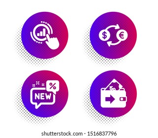 Currency exchange, New and Graph chart icons simple set. Halftone dots button. Wallet sign. Banking finance, Discount, Get report. Money payment. Finance set. Vector