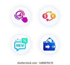 Currency exchange, New and Graph chart icons simple set. Button with halftone dots. Wallet sign. Banking finance, Discount, Get report. Money payment. Finance set. Vector