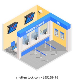 Currency exchange office in isometric style design. Vector flat 3d finance and money isolated icons and elements. Currency exchange booth interior.