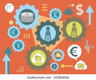 Currency exchange and oil energy gears, concept with infographics elements and grunge texture.