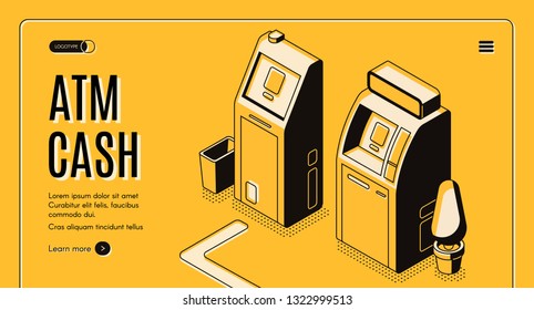 Currency Exchange Online Service, Bank Automated Teller Machine Network Locator Isometric Vector Web Banner Or Landing Page Template Cash With Draw Point With Modern ATM Machines Line Art Illustration