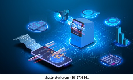 Currency exchange online service, bank automated teller machine network locator isometric. Isometric web banner ATM withdrawal machine. Mobile banking, online payment concept. Banking technology