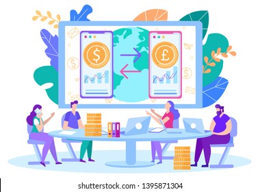 Currency Exchange, Online Trading on Stock Flat Vector Concept with Business People Sitting at Negotiation Desk with Laptops and Documents, Discussing Fluctuations of Financial Market Illustration