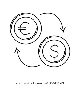 Moeda Exchange Outline Doodle, setas de conversão de euro para dólar, representa negociação ou câmbio de moeda internacional.