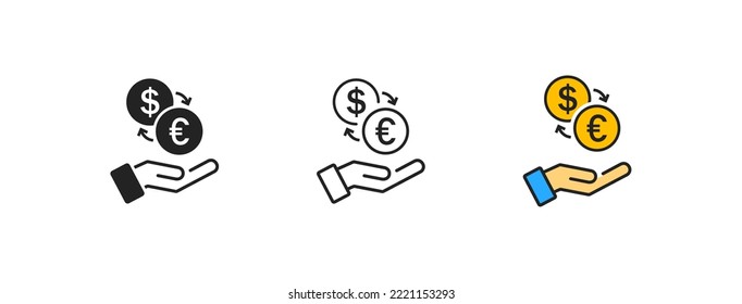 Currency exchange outline icon in hand on white background. Euro and dollar conversion. Money conversion concept. Business. Inflation, economic crisis symbol. Flat design. Vector illustration. 
