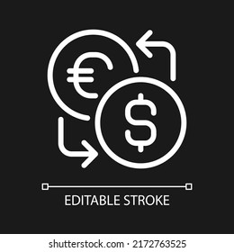 Currency exchange pixel perfect white linear icon for dark theme. Foreign cash. Currency converter. Thin line illustration. Isolated symbol for night mode. Editable stroke. Arial font used