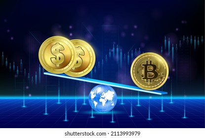 Der Devisenwechselkurs bitcoin schwerer als der Münzen Dollar. Währung auf Waage. Banking-internationaler Handel. Geldtransfer an der Börse. Finanzkonzept. 3D-Vektorgrafik.