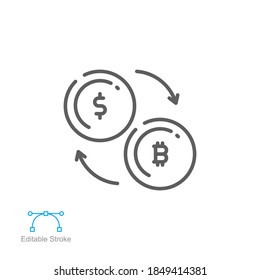 Currency exchange rate icon. Bitcoin and dollar turnover. Cryptocurrency technology. Digital virtual electronic coins bitcoins. Capital investment. editable stroke vector illustration design. EPS 10