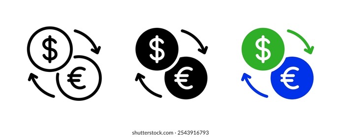 Icono de tipo de cambio de moneda. Dólar por símbolo de cambio de euro. Ilustración vectorial de conversión de dinero. Signo de trading de Forex. Transacción de moneda financiera. Pictograma de transferencia de efectivo. Concepto de comercio del dólar euro