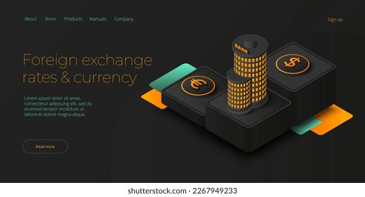 Currency exchange rates via offline bank. Online mobile banking application in isometric vector design. Money changing procedure