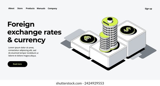 Currency exchange rates via offline bank. Online mobile banking application in isometric vector design. Money changing procedure