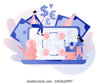 Currency exchange service concept. Flat cartoon style. Vector illustration