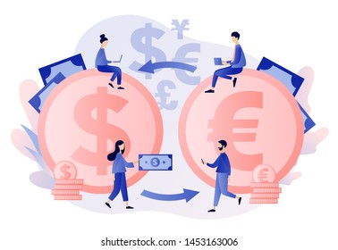 Currency exchange service concept. Flat cartoon style. Vector illustration