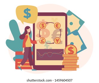 Currency exchange service concept. Flat cartoon style. Vector illustration