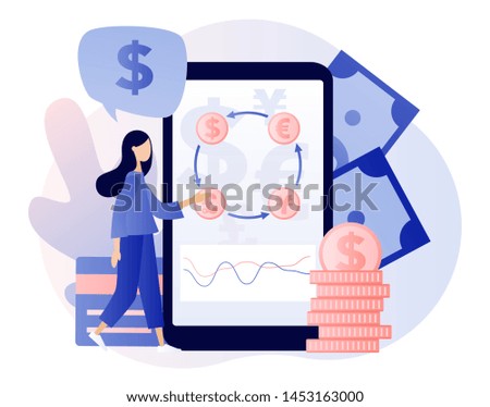 Currency exchange service concept. Flat cartoon style. Vector illustration