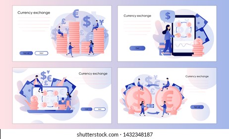 Currency exchange service concept. Screen template for mobile smart phone, landing page, template, ui, web, mobile app, poster, banner, flyer. Flat style. Vector illustration
