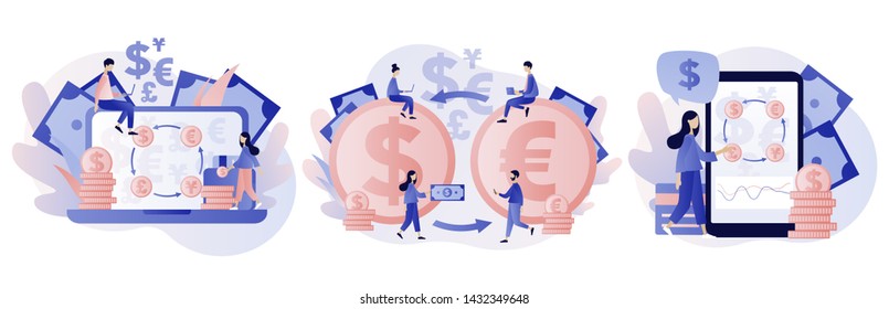 Currency exchange service concept set. Flat cartoon style. Vector illustration