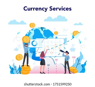 Currency exchange service concept. World currency exchanging services. Forex trading indicators for buying and selling currency. Isolated flat vector illustration