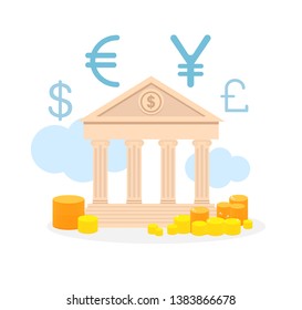 Currency Exchange Service Flat Vector Illustration. Loan Offer, Foreign Money Change. Coin Stacks outside Bank. Banking Business Advertising. Dollar, Euro, Yen and Pound Sterling Icons