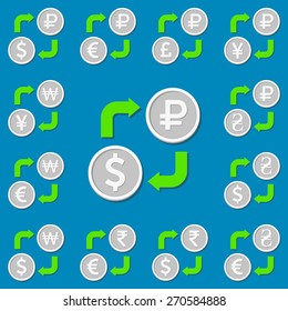 Currency exchange. Set 2. Euro, Dollar, Pound, Hryvnia, Yen(Yuan), Ruble, Won and Rupee. Vector illustration