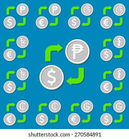 Currency exchange. Set 5. Euro, Dollar, Peso, Guarani, Bengali Rupee, Cedi, Riel and Tamil Rupee. Vector illustration