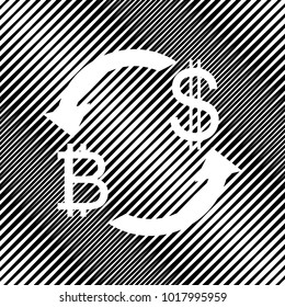 Currency exchange sign. Bitcoin and US Dollar. Vector. Icon. Hole in moire background.