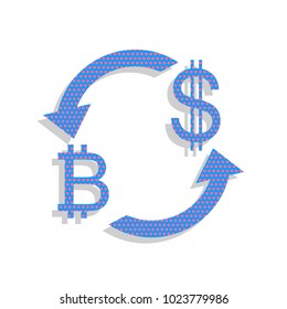 Currency exchange sign. Bitcoin and US Dollar. Vector. Neon blue icon with cyclamen polka dots pattern with light gray shadow on white background. Isolated.