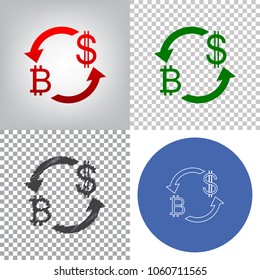 Currency exchange sign. Bitcoin and US Dollar. Vector. 4 styles. Red gradient in radial lighted background, green flat and gray scribble icons on transparent and linear one in blue circle.