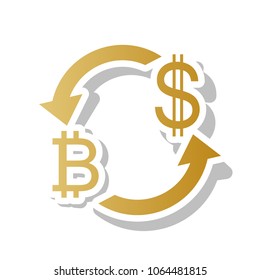 Currency exchange sign. Bitcoin and US Dollar. Vector. Golden gradient icon with white contour and rotated gray shadow at white background.
