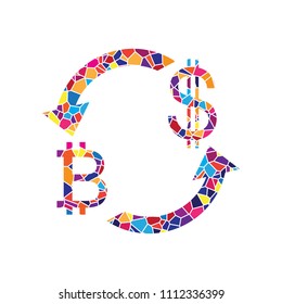 Currency exchange sign. Bitcoin and US Dollar. Vector. Stained glass icon on white background. Colorful polygons. Isolated.
