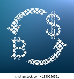 Currency exchange sign. Bitcoin and US Dollar. Vector. White textured icon at lapis lazuli gradient background.