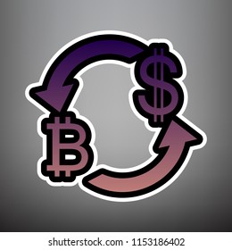 Currency exchange sign. Bitcoin and US Dollar. Vector. Violet gradient icon with black and white linear edges at gray background.