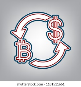 Currency exchange sign. Bitcoin and US Dollar. Vector. Dark red, transparent and midnight green stroke of white icon at grayish background.