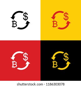 Currency exchange sign. Bitcoin and US Dollar. Vector. Icons of german flag on corresponding colors as background.