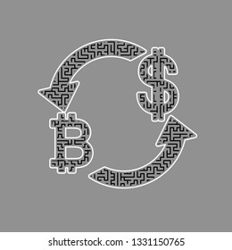 Currency exchange sign. Bitcoin and US Dollar. Vector. Black maze filled icon with white border at gray background.