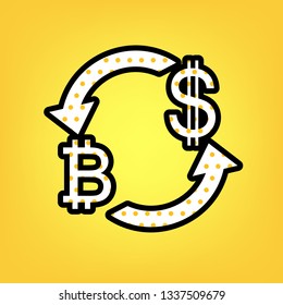 Currency exchange sign. Bitcoin and US Dollar. Vector. Yellow polka dot white icon with black contour at warm yellow background.