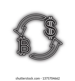 Currency exchange sign. Bitcoin and US Dollar. Vector. Double contour black icon with soft shadow at white background. Isolated.