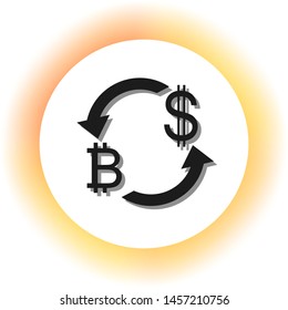 Currency exchange sign. Bitcoin and US Dollar. Dark icon with shadow on the glowing circle button. Illustration.