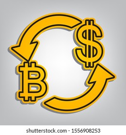 Currency exchange sign. Bitcoin and US Dollar. Flat orange icon with overlapping linear black icon with gray shadow at whitish background. Illustration.