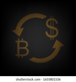 Currency exchange sign. Bitcoin and US Dollar. Icon as grid of small orange light bulb in darkness. Illustration.