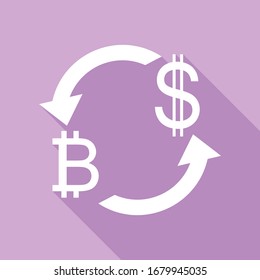 Currency exchange sign. Bitcoin and US Dollar. White Icon with long shadow at purple background. Illustration.