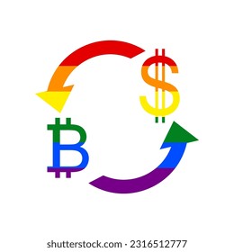 Currency exchange sign. Bitcoin and US Dollar. Rainbow gay LGBT rights colored Icon at white Background. Illustration.