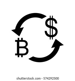 Currency exchange sign. Bitcoin and US Dollar. Flat style black icon on white.