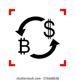 Currency exchange sign. Bitcoin and US Dollar. Black icon in foc