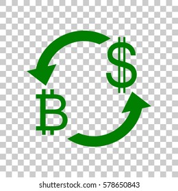 Currency exchange sign. Bitcoin and US Dollar. Dark green icon on transparent background.