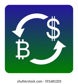 Currency exchange sign. Bitcoin and US Dollar. Vector. White icon at green-blue gradient square with rounded corners on white background. Isolated.